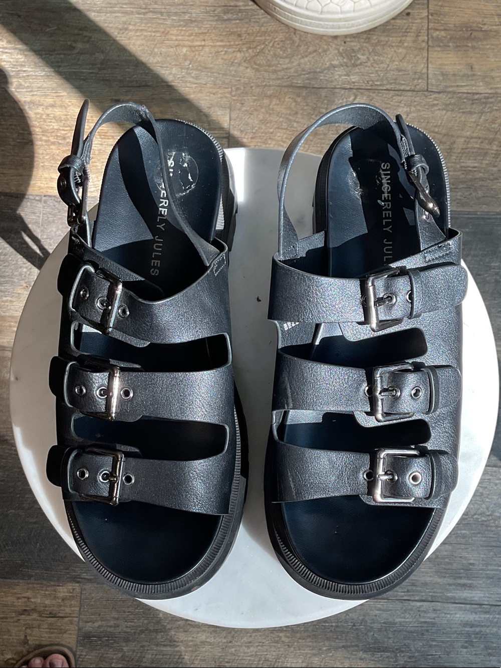 Sincerly Jules Black Triple-Buckle Lug Platform Sandals